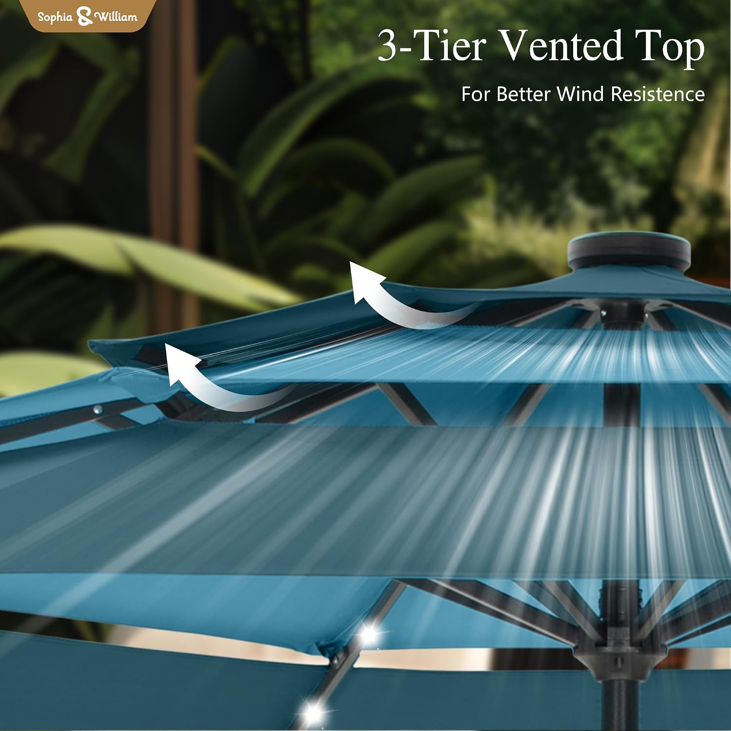 Sophia & William 10ft Patio Umbrellas 3-Tier Umbrella Outdoor Patio Umbrellas with Lights Vented Top 24 LED lights Adjustable Tilt for Pool Garden Backyard, Mixed Peacock