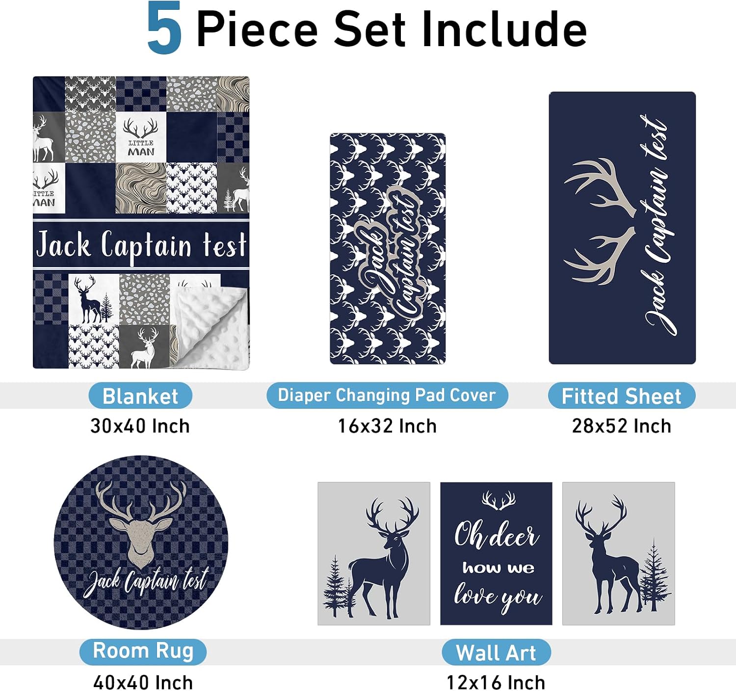 Dyoart Personalized Baby Bedding Set - 5 Piece Custom Baby Crib Set with Name, Double Layer Nursery Bedding Set for Boys Girls, Woodland Deer Crib Bedding Set, Gift for Toddler Infant New Parents