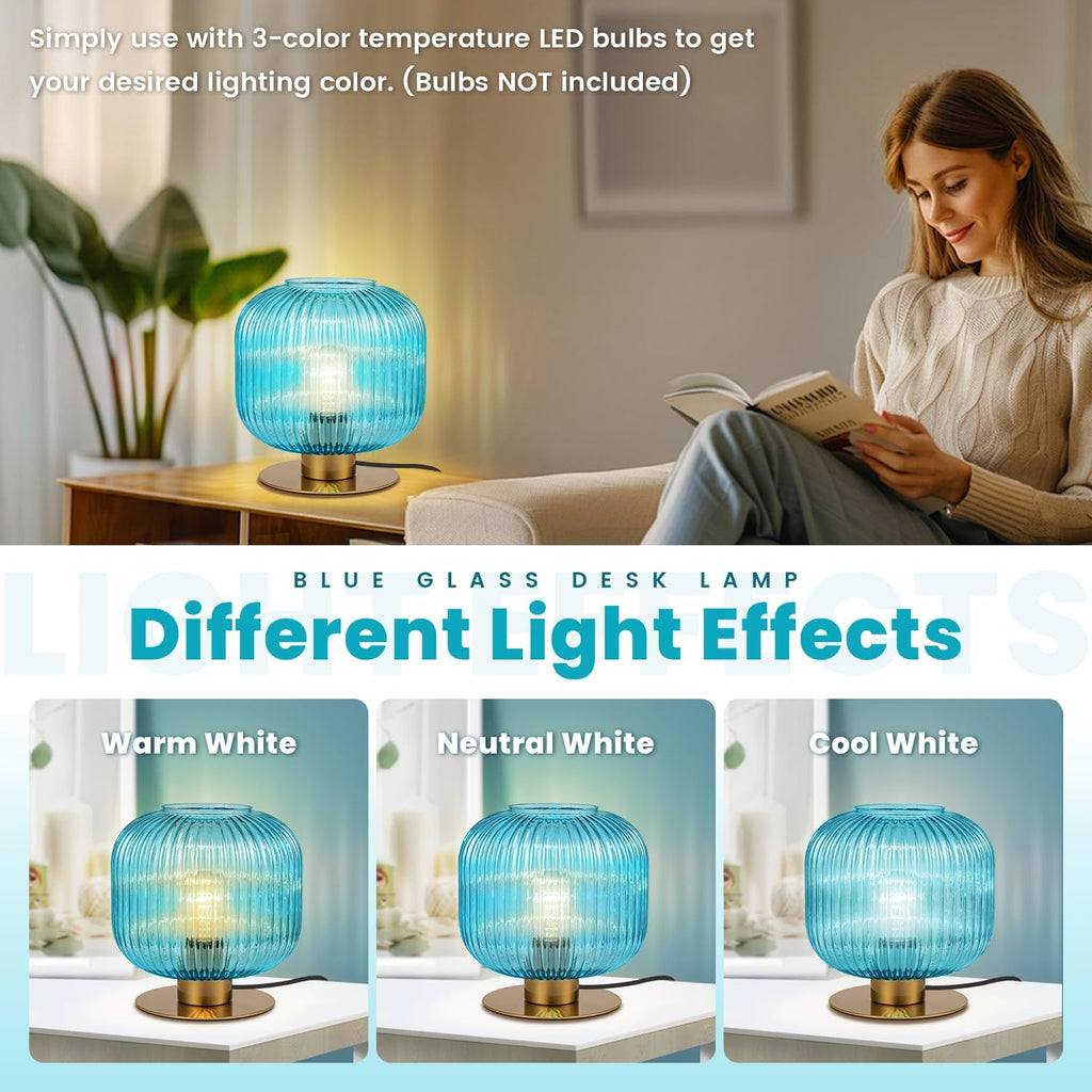 Blue Table Lamps for Bedroom Set of 2, Small Glass Table Lamp Plug in with On/Off Switch, Mid Century Modern Globe Bedside Lamp Coastal Lamps for Bedrooms Living Room Study Room