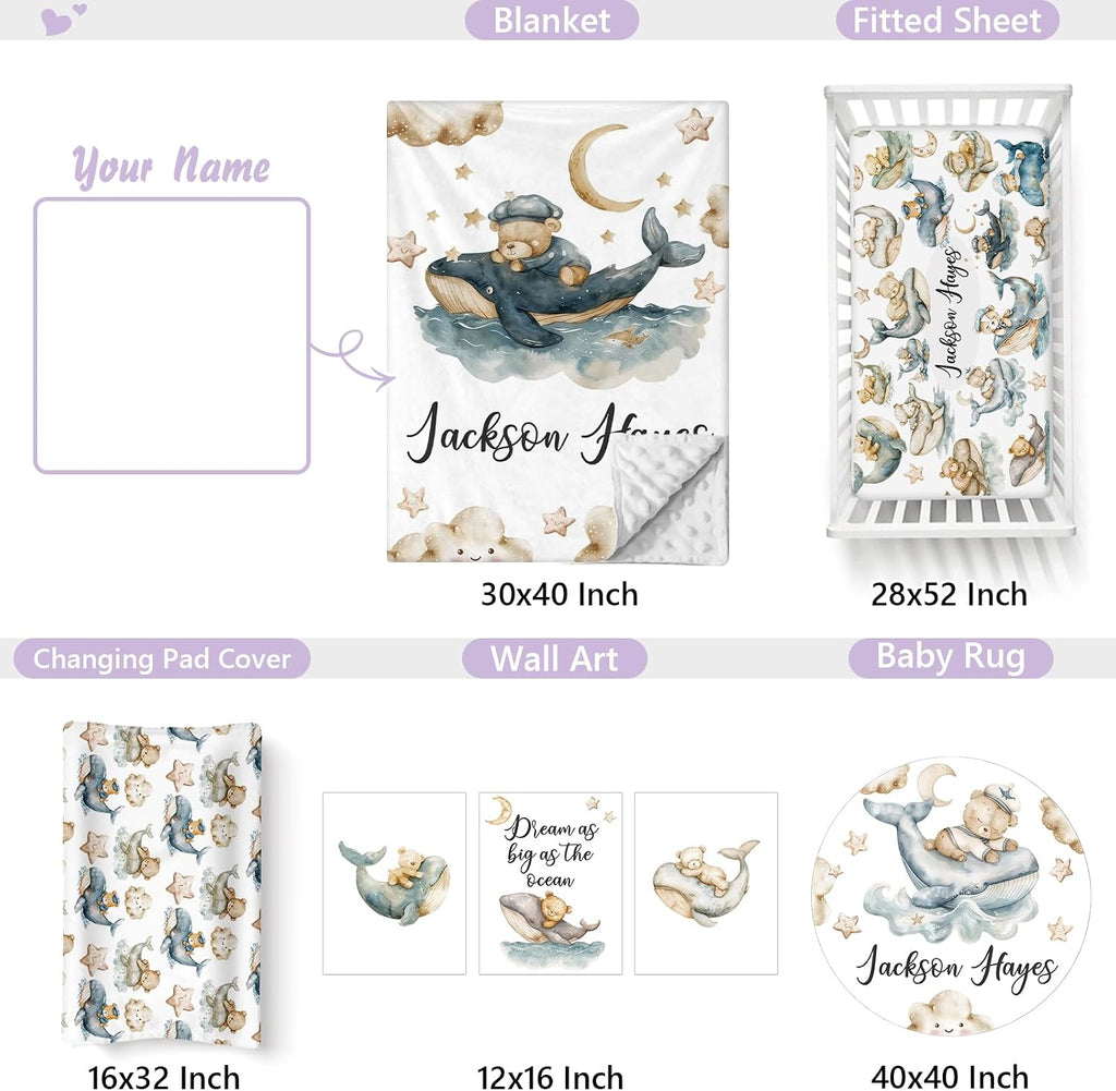 Custom Baby Crib Bedding Set, 5 PCS Personalized Name Baby Crib Sets for Girls Boys, Sleeping Bear Theme Nursery Bedding Sets for Infant Toddler, Double Layer Flannel Bed Set Customized Gifts