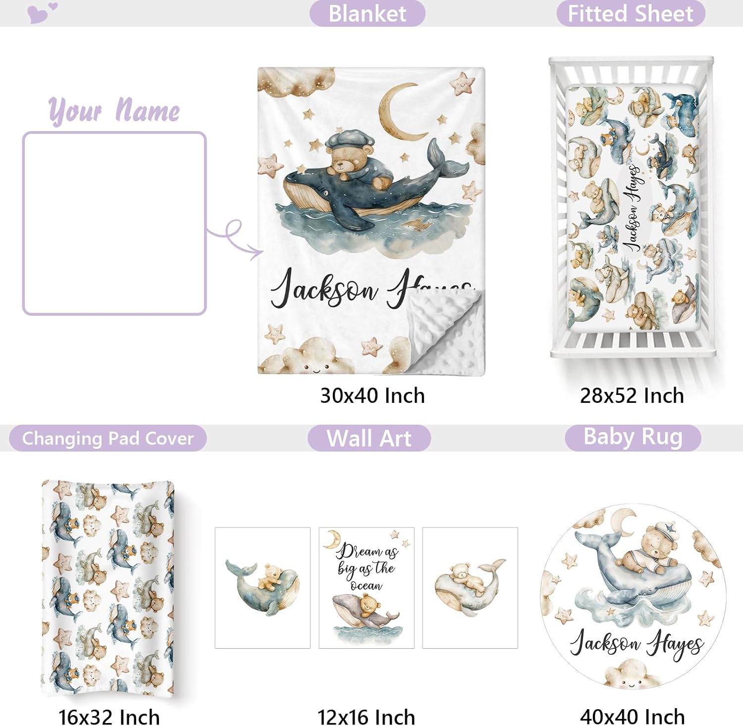 Custom Baby Crib Bedding Set, 5 PCS Personalized Name Baby Crib Sets for Girls Boys, Sleeping Bear Theme Nursery Bedding Sets for Infant Toddler, Double Layer Flannel Bed Set Customized Gifts