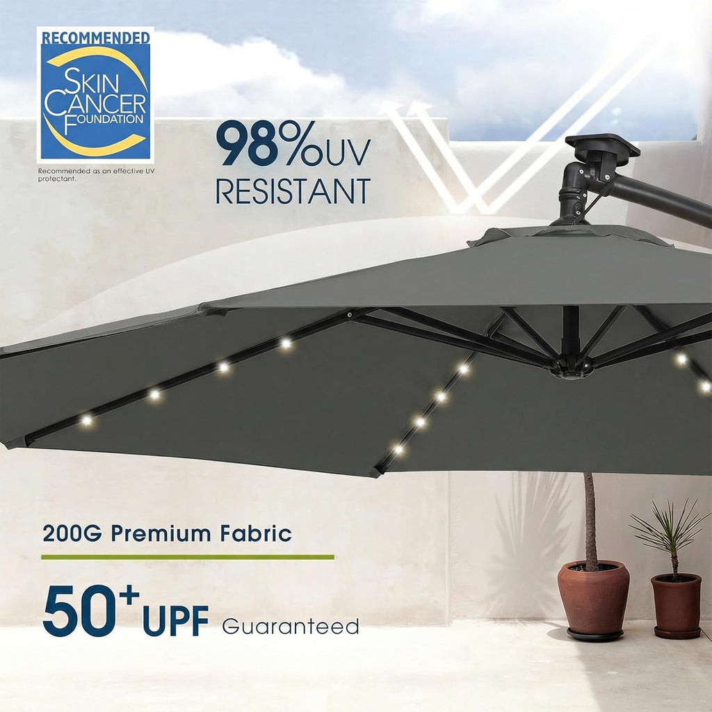 wikiwiki 10ft Solar LED Patio Umbrella with Base Included, Offset Umbrella with Weighted Sandbag Base, Cantilever Patio Umbrella for Backyard, Garden & Deck, 32 LED Lights & Polyester Shade, Dark Gray