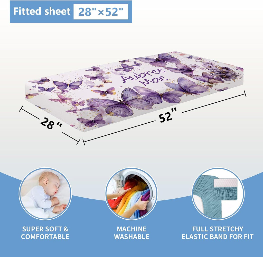 KAINSY Custom Crib Bedding Set 5 Pcs for Baby Girls – Personalized Purple Butterfly Theme, Newborn Sleep Set, Nursery Decor, Toddler Room Essentials, Infant Sleep, Baby Room Accessories, Baby Gift