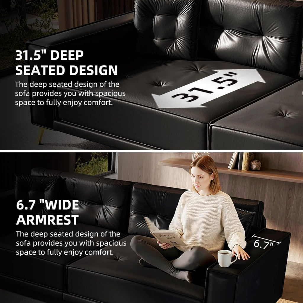 92.1' Chesterfield 3 Seater Pull Out Sofa Bed King Size with 2 Pillows and Golden Legs, PU Leather 3-in-1 Convertible Sleeper Cloud Couch with Tufted Backrest, Black