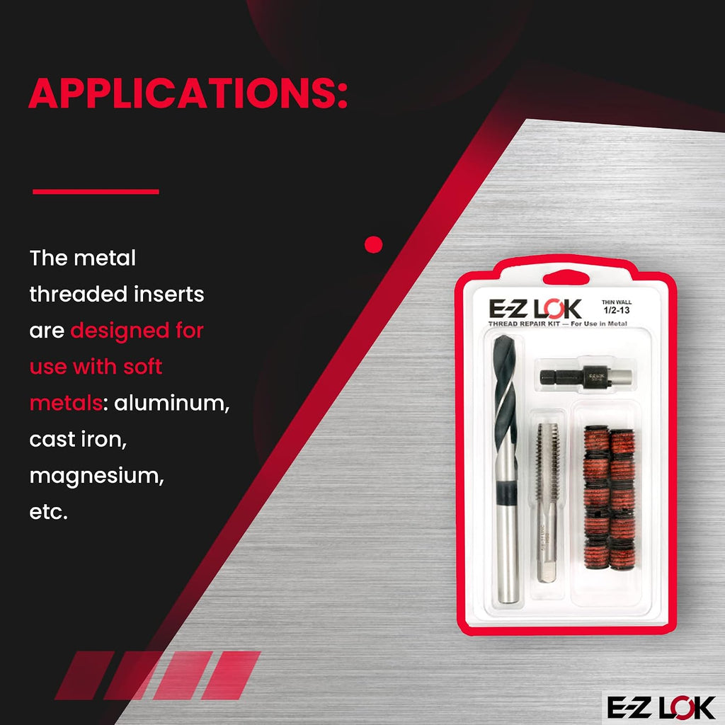 E-Z LOK EZ-310-8 Thread Repair Kit for Metal Carbon Steel Threaded Inserts 1/2-13 and Installation Tools, Black