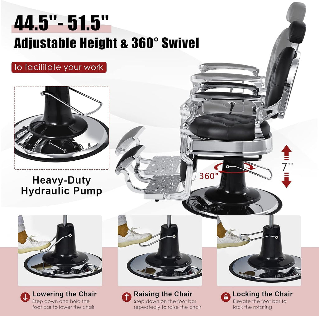 Giantex Vintage Barber Salon Chair, 360 Swivel Reclining, Heavy Duty Hydraulic Pump, Height Adjustable, Rotated Footrest, Makeup Hair Salon Chairs for Hair Stylist (Black)