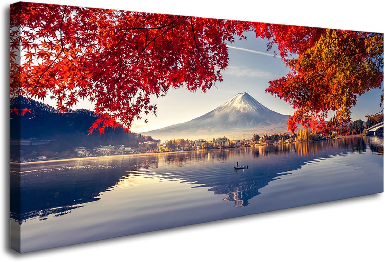 YYYYHPP Canvas Prints Mountain Fuji with morning fog and red leaves at lake Kawaguchiko Nature Picture Wall Art Framed Artwork for Living Room Bedroom Kitchen Home and Office Wall Decor