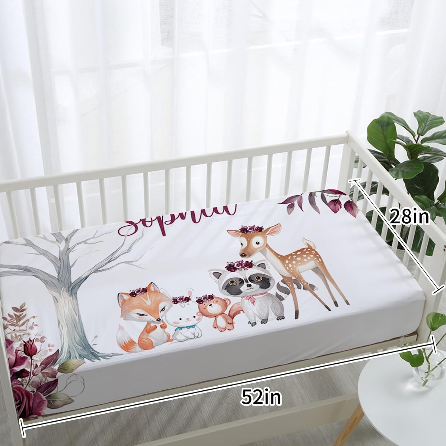 TOOTANN Custom Baby Crib Bedding Set, 5 Pcs Personalized Name Baby Crib Sheets for Kid Toddler Infant, Raccoons and Deer Nursery Bedding Set