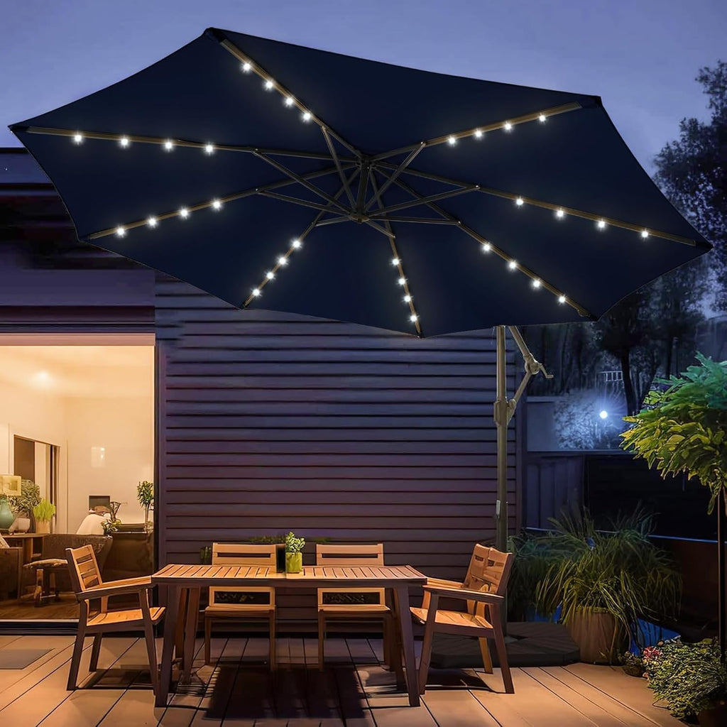 wikiwiki 10FT Solar Patio Offset Umbrella with Base Included, Outdoor Cantilever Umbrella Hanging Umbrellas with Weighted Sandbag Base, Market Patio Umbrella for Backyard, Garden & Deck, Dark Blue