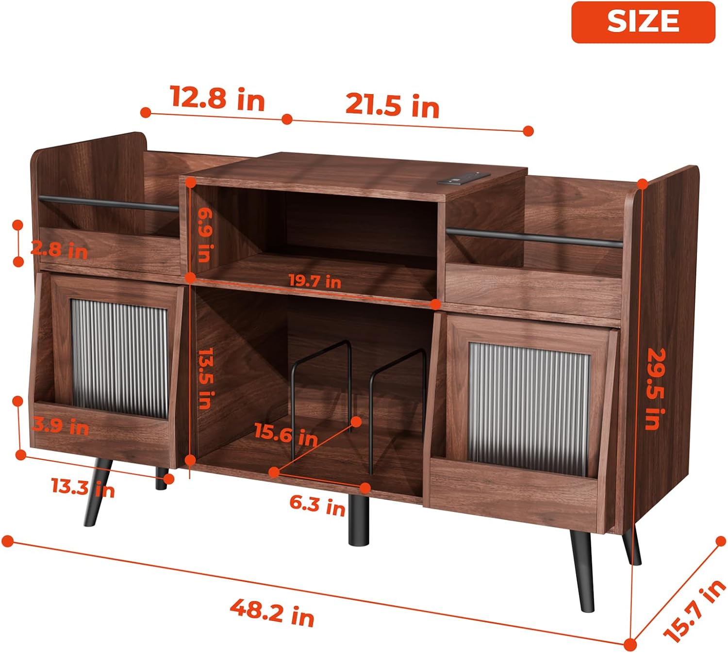 MULEJYBO XL Record Player Stand with Sliding Door,500 Vinyl Record Storage Cabinet, Record Player Table with Power Outlet & LED Light,Turntable Stand with Wood Legs for Living Room,Office