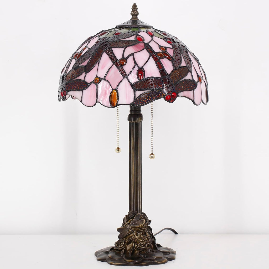 Tiffany Table Lamp Stained Glass Desk Lamp 12X12X21Inch Resin Base for Bedroom Living Room Reading Light (Pink Dragonfly)