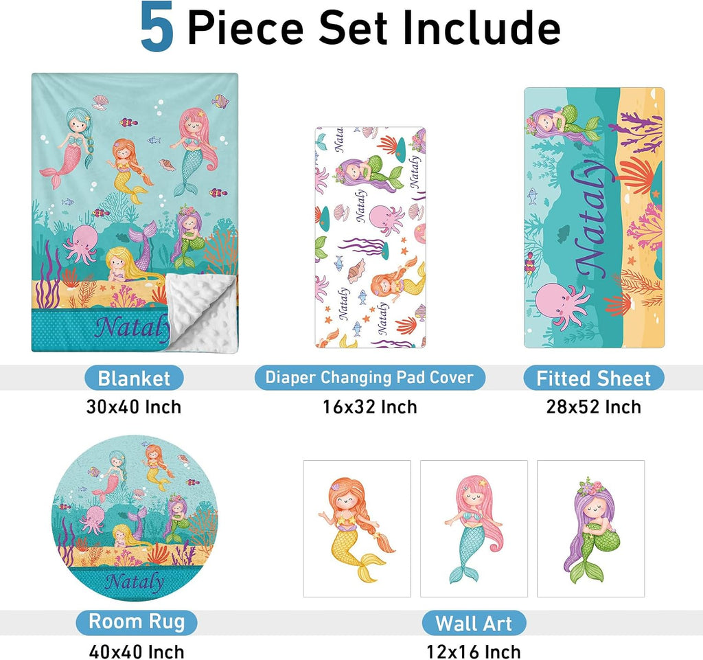 Dyoart Personalized Baby Crib Set - 5 Piece Custom Baby Bedding Set with Name, Double Layer Nursery Bedding Set for Girls, Mermaid Crib Bedding Set, Gift for New Parents Toddler Infant