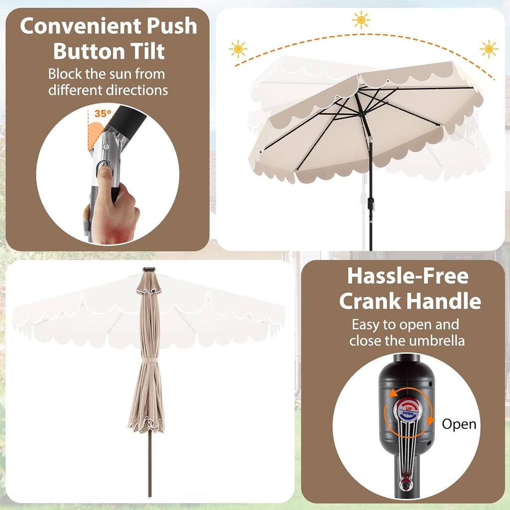 Tangkula 10FT Solar LED Patio Umbrella, 2-Tiers Scalloped Outdoor Table Market Umbrella with 24 LED Lights, Vented Top, Tilt Adjustment, Crank, 8 Ribs for Backyard Poolside Deck Beach Lawn (Beige)
