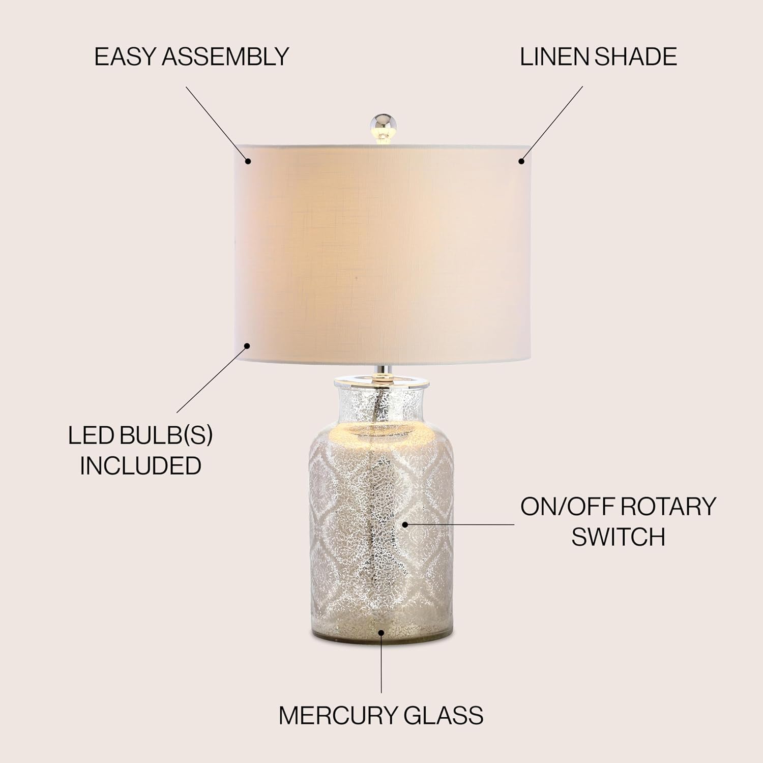 JONATHAN Y 24.5' Mercury Silver Trellis Glass Table Lamp for Living Room, White Linen Shade, Modern Bedside Nightstand Lamp for Bedroom, LED Bulb Included, UL Listed JYL1063A