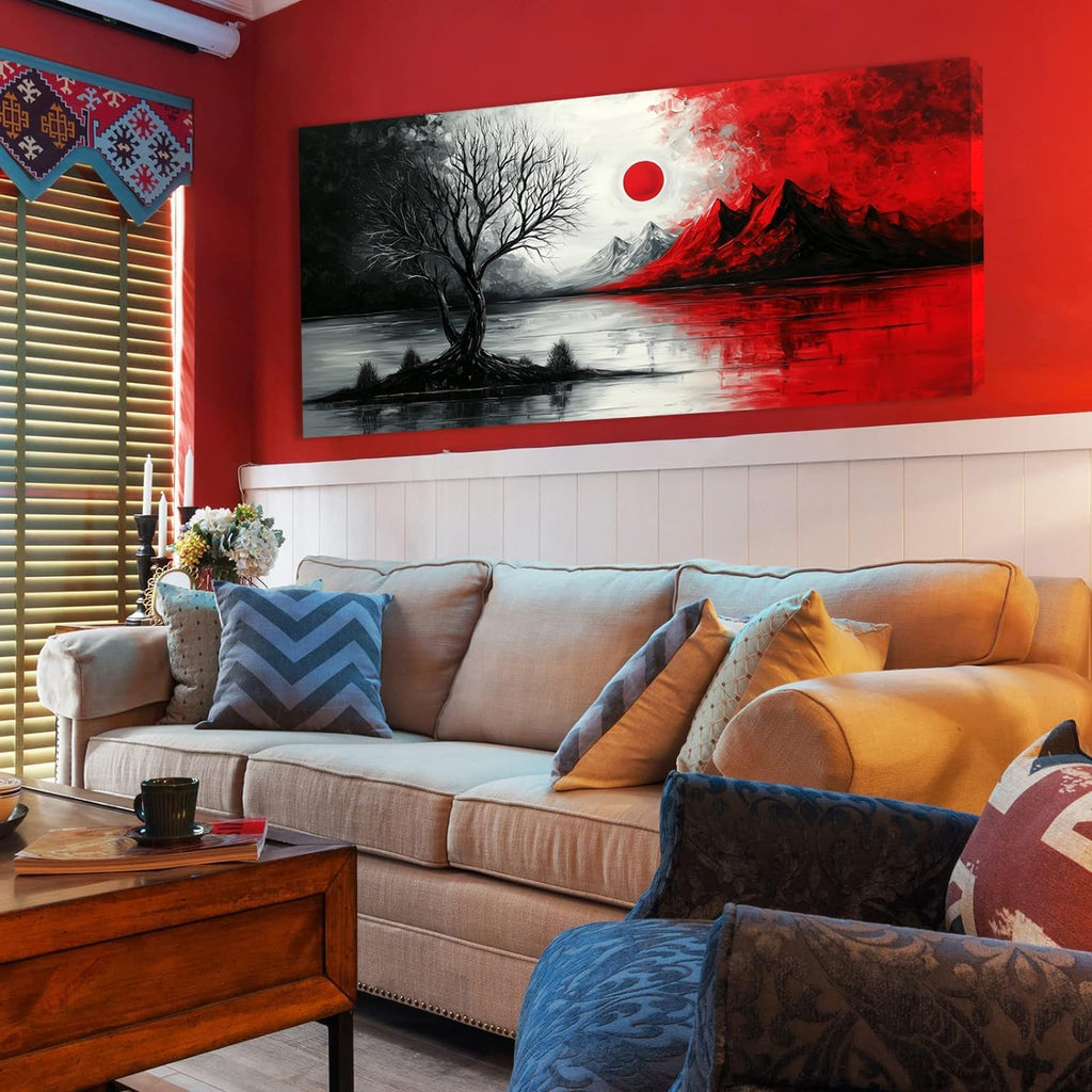 GAFSING Modern Abstract Canvas Wall Art, Black & Red Cloud Tree, 28x58inch, Living Room, Bedroom Decor