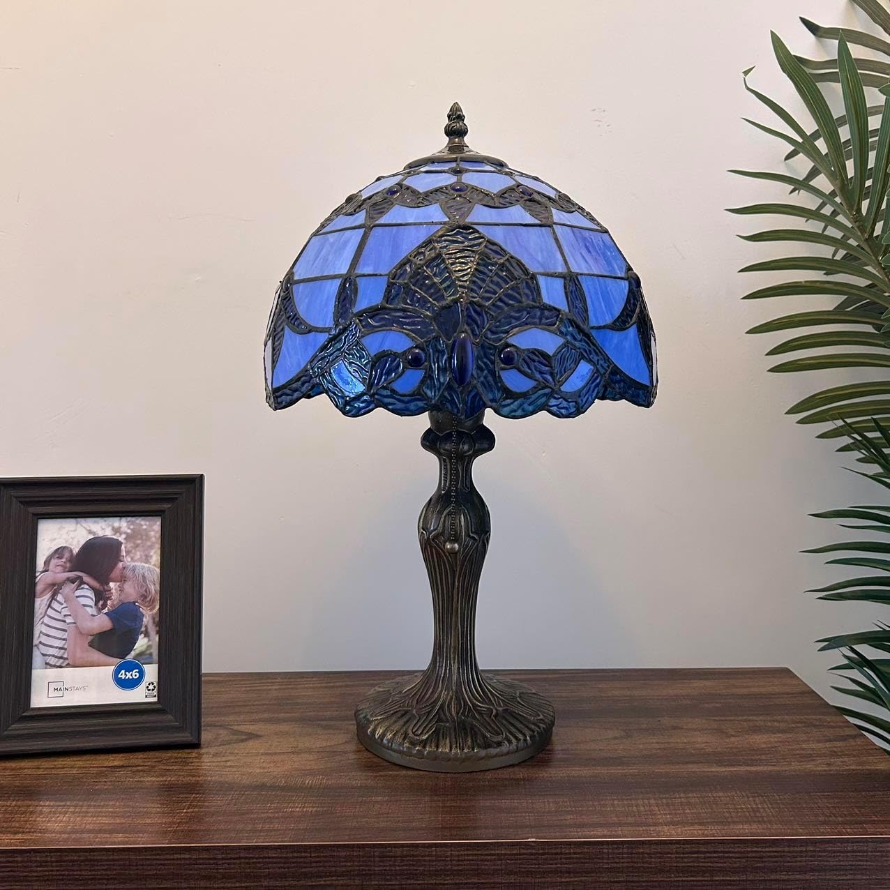 Stained Glass Table Lamp Blue Baroque Style LED Bulb Included for Living Room Bedroom Bedside 12' W*12' D*19' H