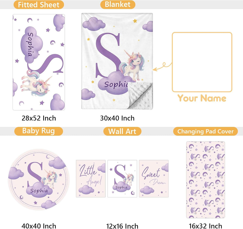 Terwex 5 Piece Customized Crib Bedding Set for Girls - Custom Name Baby Crib Purple Unicorn Nursery Bedding Set with Soft Blanket, Fitted Sheet, Rug, Personalized Gifts for Toddlers, Newborns, Infants