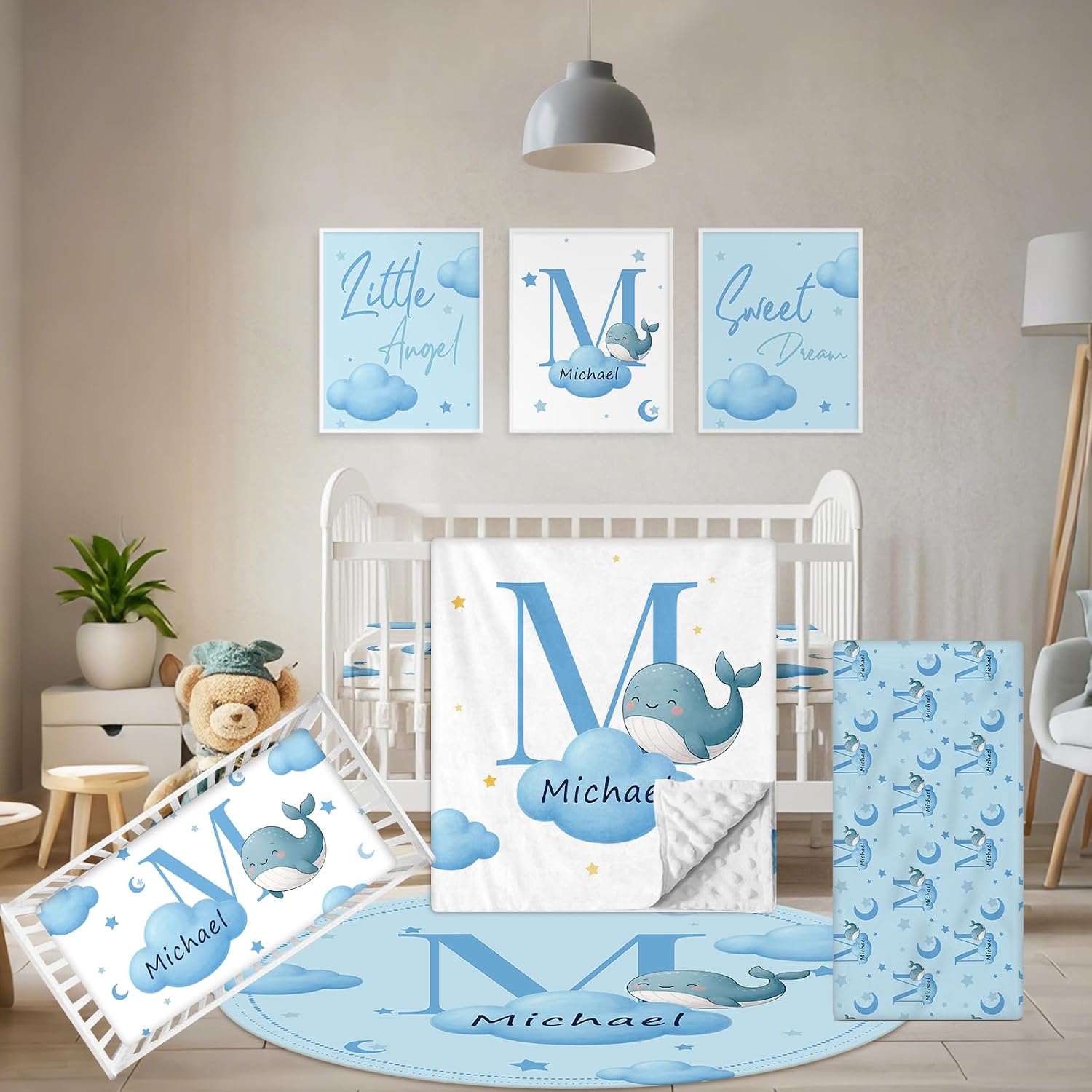 Terwex Personalized Crib Bedding Set, 5 Pcs Custom Nursery Bedding Sets with Name, Infant Bedding Set for Baby Boys Girls, Blue Dolphin Double Layer Baby Crib Set, Babies Toddlers Kids Customized Gift