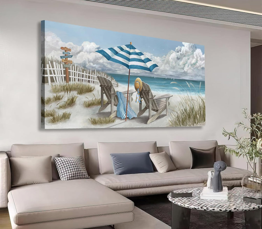 Shoci Summer Beach Wall Art - Large Blue Sky White Cloud Canvas Picture for Living Room Ocean Beach Painting Print Decor Peaceful Sea Life Artwork Wall Art for Bedroom Home Office Decoration 29' X 58'