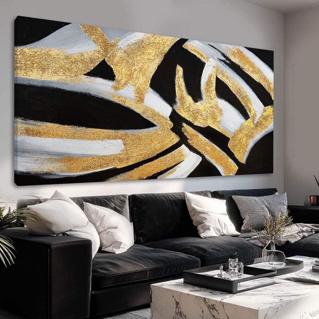 Kureful Line Wall Decor Black and Gold Canvas Art Large Dining Room Wall Pictures 29'x58' Wall Decorations for Living Room Textured Artwork