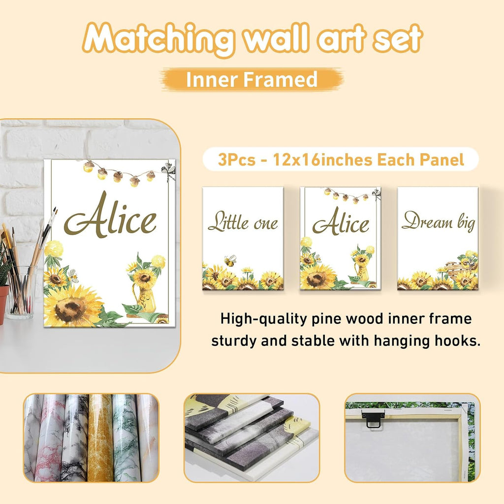 Terwex Personalized Baby Bedding Set - 5 Pcs Custom Infants Bedding Set with Infant Name - Double Layer Nursery Crib Set for Girls Boys - Customized Gifts for Toddler Baby Shower - Yellow Sunflower