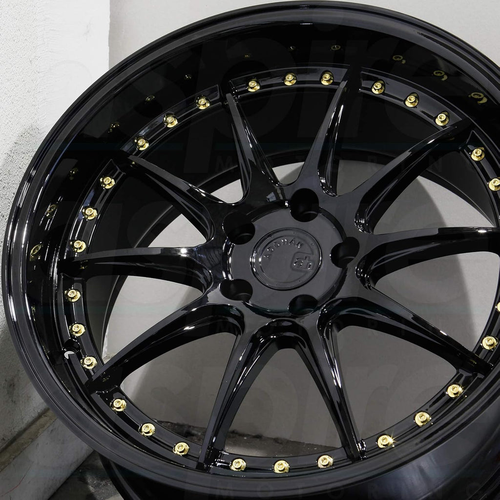 Aodhan DS-07 Custom Wheel - 18x9.5, 22 Offset, 5x114.3 Bolt Pattern, 73.1mm Hub - Gloss Black with Gold Rivets Rim