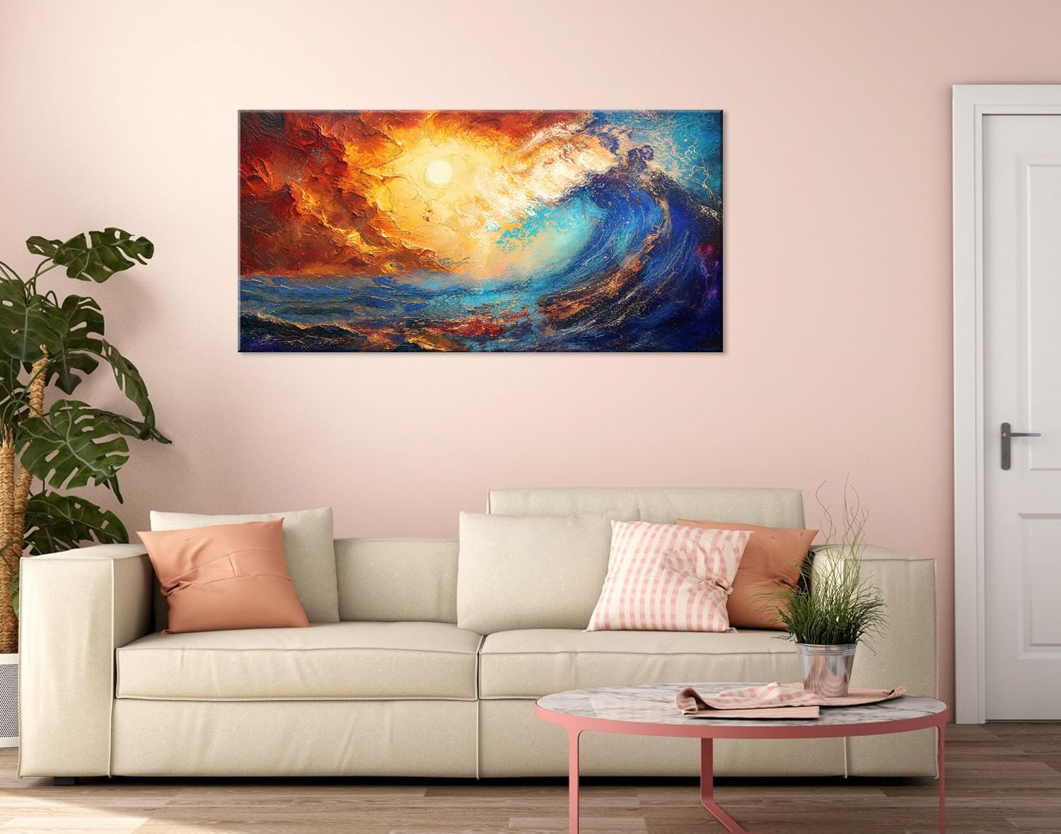 LASMOND Abstract Ocean Wall Art for Living Room Beautiful Blue Sea Wave Seawater Colorful Sky Landscape Wall Art Decor Artwork Bedroom Office (58x28 Inches)