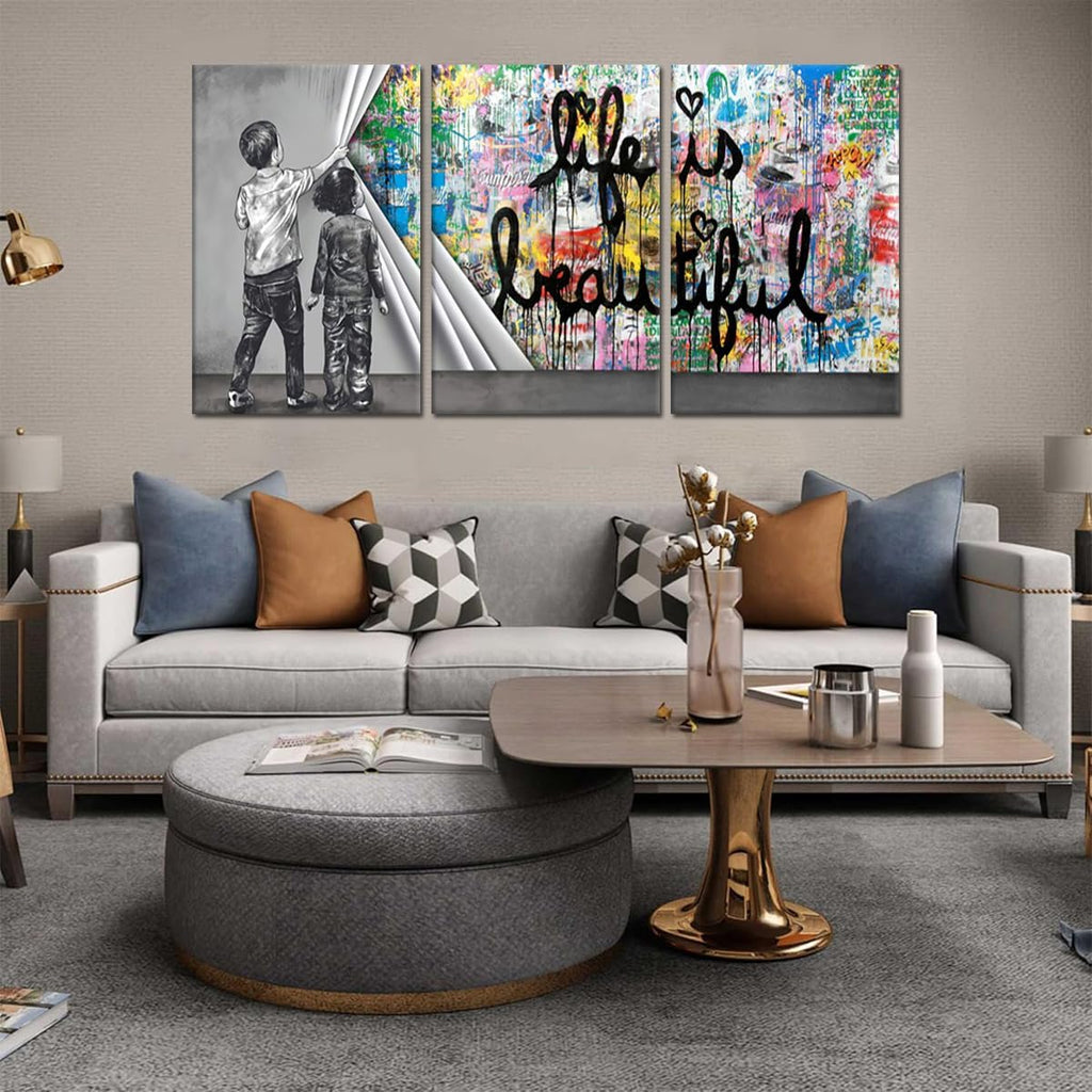 Novatique Banksy Canvas Wall Art for Living Room Modern Graffiti Wall Art Behind the Curtain Colorful Wall Decor for Living Room Bathroom,24' x 36' x 3pcs