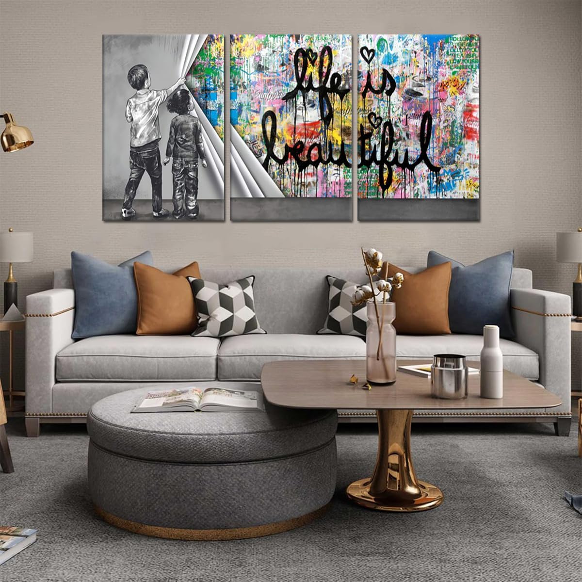 Novatique Banksy Canvas Wall Art for Living Room Modern Graffiti Wall Art Behind the Curtain Colorful Wall Decor for Living Room Bathroom,24' x 36' x 3pcs