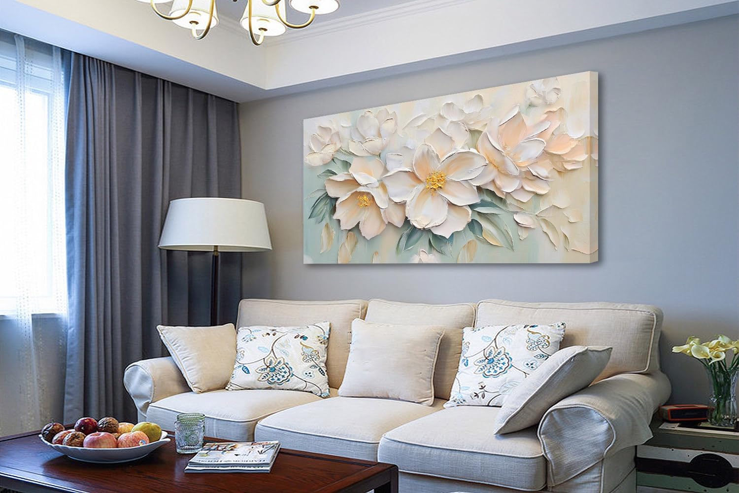 Anolyfi White Textured Flowers Large Canvas Wall Art for Living Room, Modern Aesthetic Sage Florals Painting Wall Decor for Bedroom Dining Room Office Home Decor 58'x29'