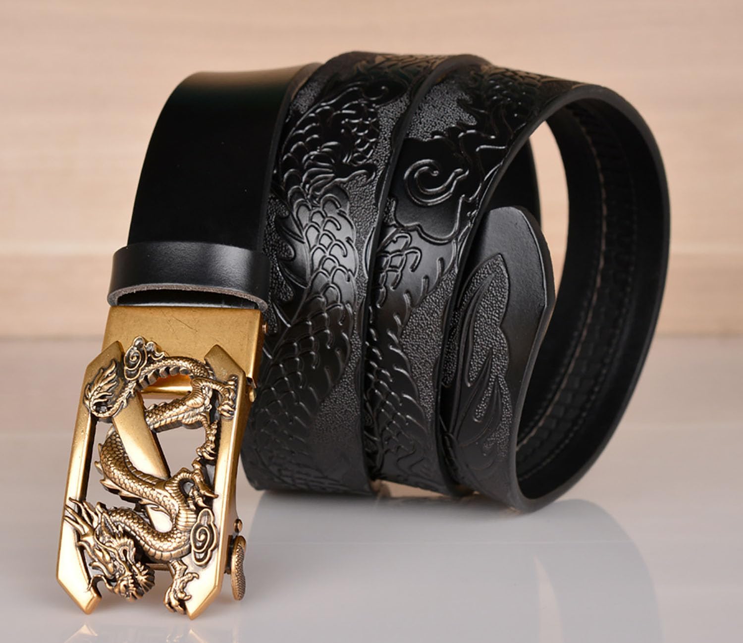 Mens Ratchet Leather Belt, Genuine Leather belts, Engraved Vintage Dragon Eagle Tiger Buckle, Business leisure belt