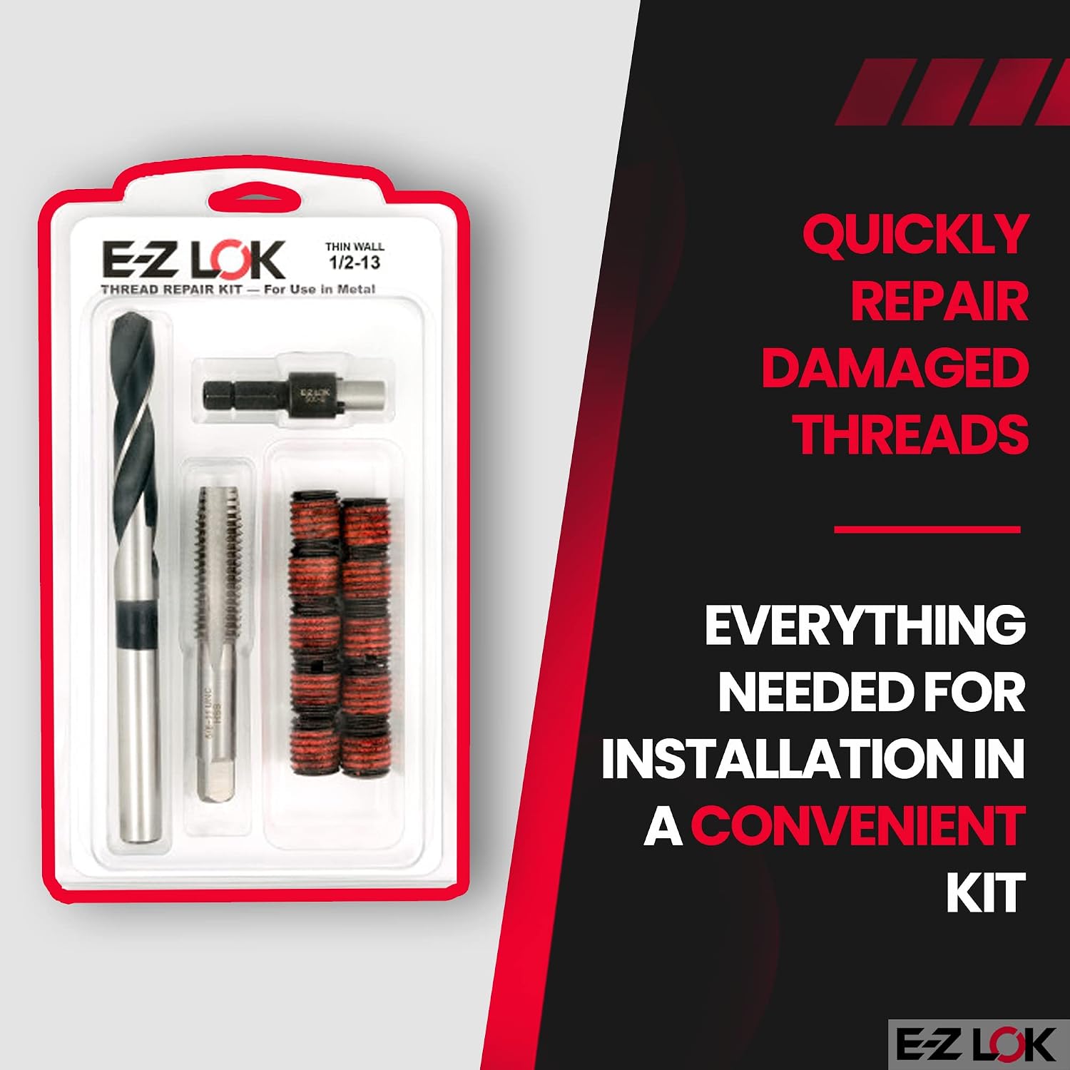 E-Z LOK EZ-310-8 Thread Repair Kit for Metal Carbon Steel Threaded Inserts 1/2-13 and Installation Tools, Black