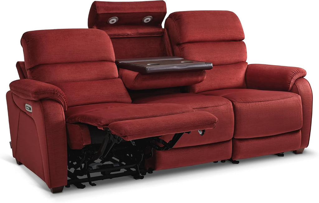 MCombo 87.2'' Wall Hugger Power Recliner Sofa with Drop Down Table, Reclining Sofa with Adjustable Headrest, USB Charge Ports, Reading Lamp, for Living Room, RVs, Fabric, ST258M3 (3-Seater, Burgundy)