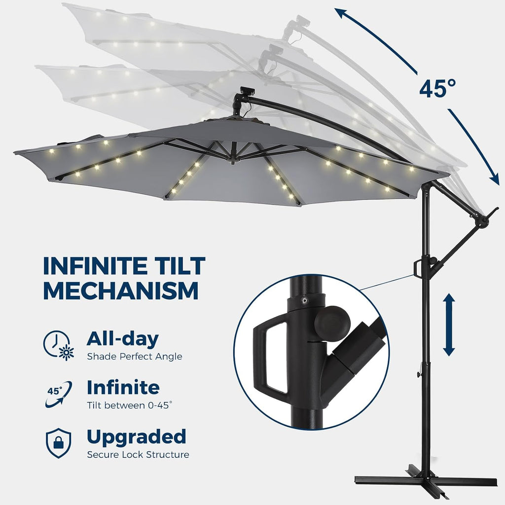 HOMSHADE 10ft Solar Lights Offset Cantilever Patio Umbrella - wtih Light and Base, LED Lighted Offset Hanging Patio Outdoor Market Umbrella UPF50+ UV Protection with Easy Tilt and Crank (Grey)