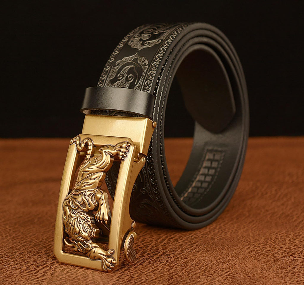 Mens Ratchet Leather Belt, Genuine Leather belts, Engraved Vintage Dragon Eagle Tiger Buckle, Business leisure belt