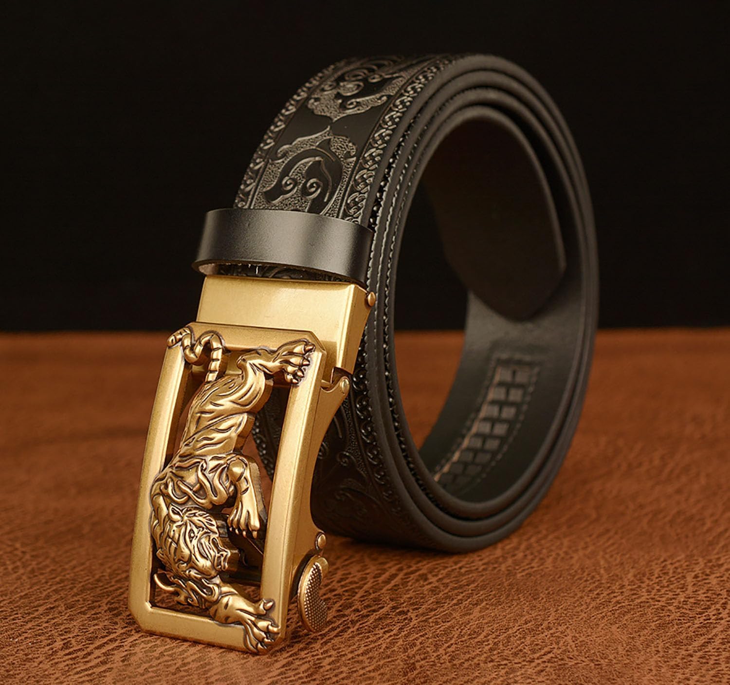 Mens Ratchet Leather Belt, Genuine Leather belts, Engraved Vintage Dragon Eagle Tiger Buckle, Business leisure belt