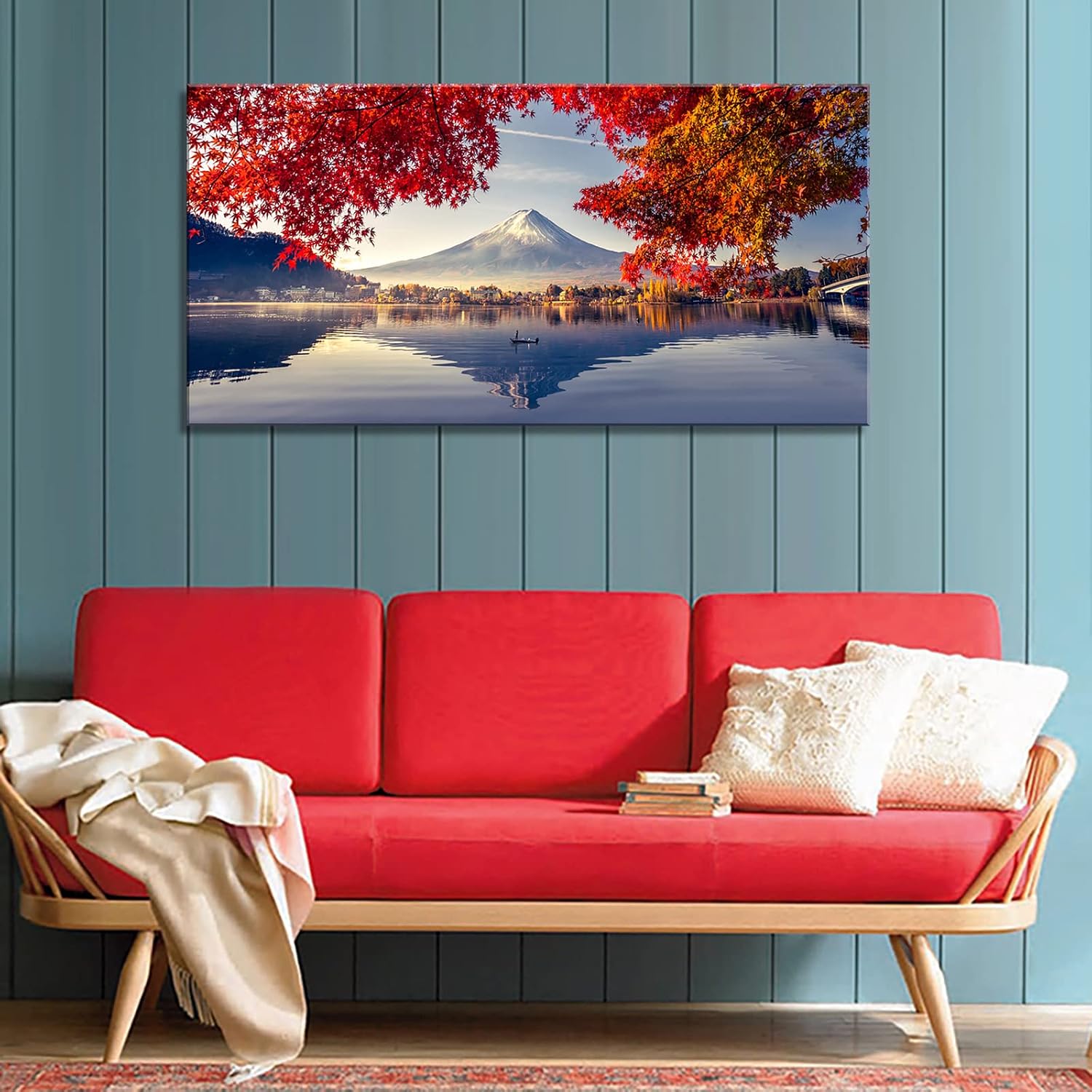 YYYYHPP Canvas Prints Mountain Fuji with morning fog and red leaves at lake Kawaguchiko Nature Picture Wall Art Framed Artwork for Living Room Bedroom Kitchen Home and Office Wall Decor