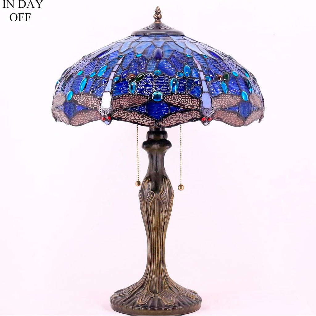 WERFACTORY Tiffany Lamp Blue Stained Glass Dragonfly Style Bedside Table Lamp 16X16X24 Inch Desk Reading Light Metal Base Decor Bedroom Living Room Home Office S631 Series