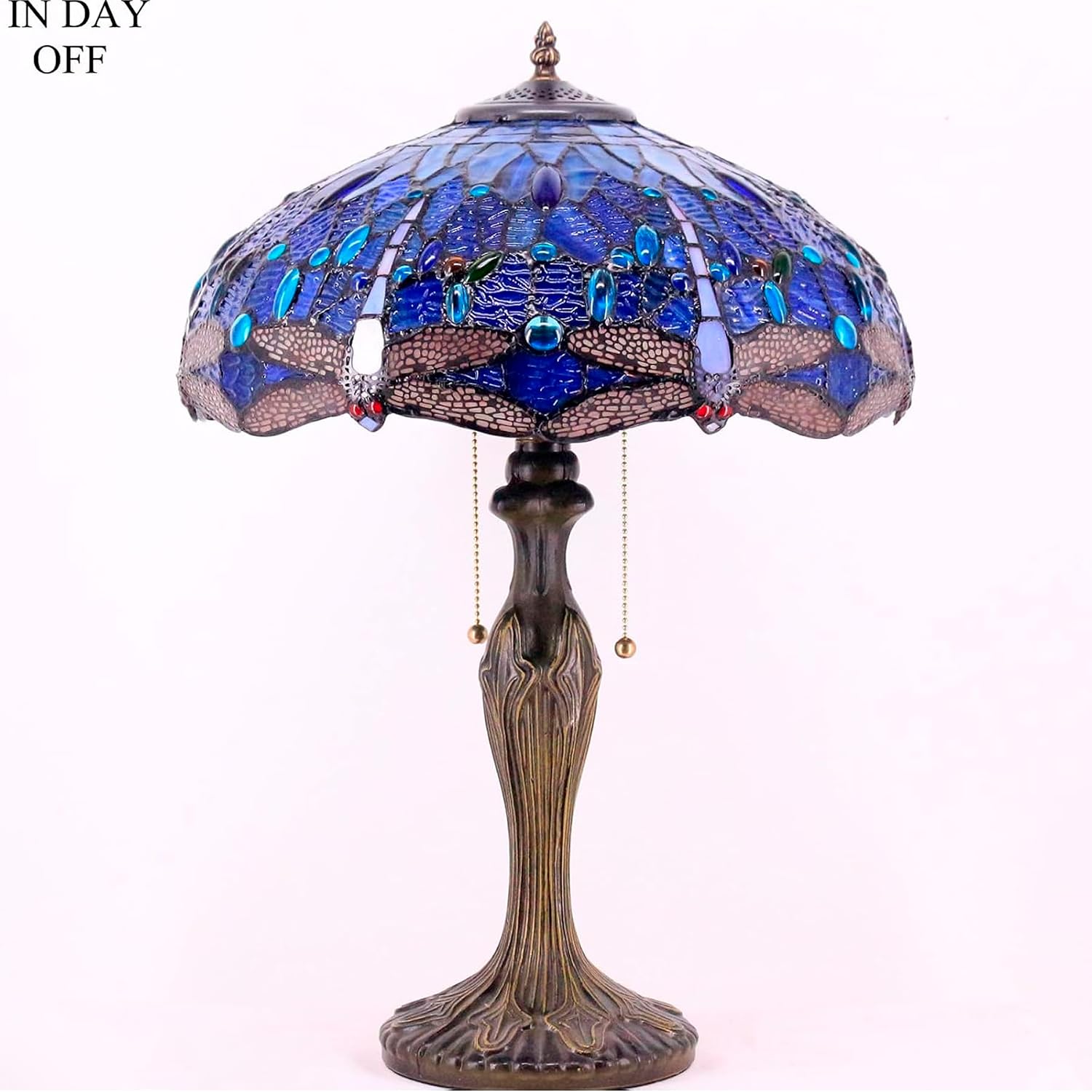 WERFACTORY Tiffany Lamp Blue Stained Glass Dragonfly Style Bedside Table Lamp 16X16X24 Inch Desk Reading Light Metal Base Decor Bedroom Living Room Home Office S631 Series