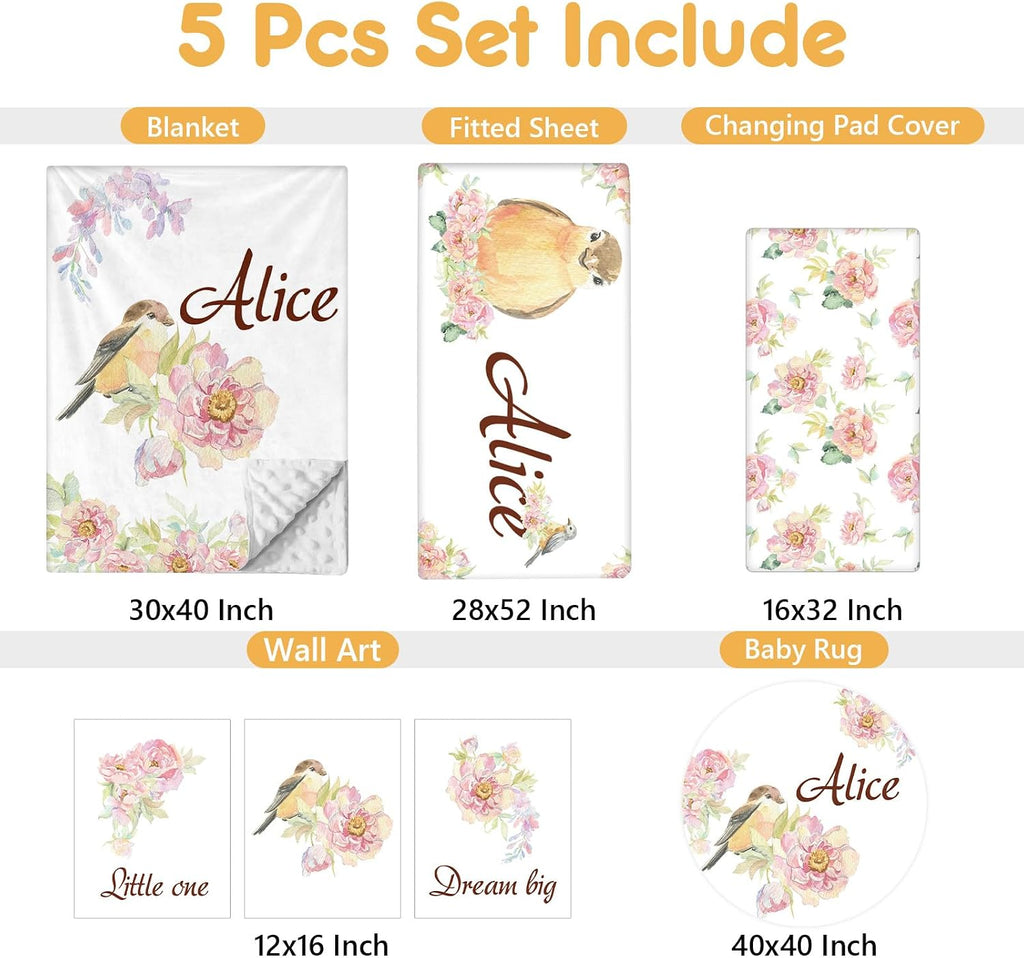 Terwex Custom Baby Bedding Set - 5 Pcs Customized Nursery Bedding Set with Name - Comfortable Double Layer Crib Sets for Girls Boys - Personalized Gifts for Infants Toddlers New Parents - Floral Bird