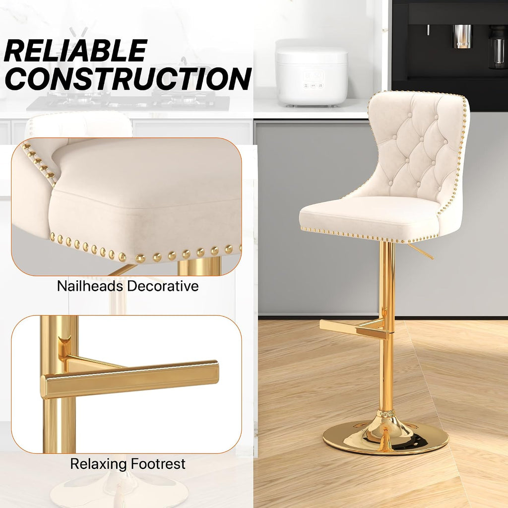 Bar Stools Set of 4, Velvet Swivel Counter Height Stools with Tufted Back, Adjustable Seat with Nailheads Trim, Upholstered Bar Chairs with Gold Base for Kitchen Island, Pub, Beige