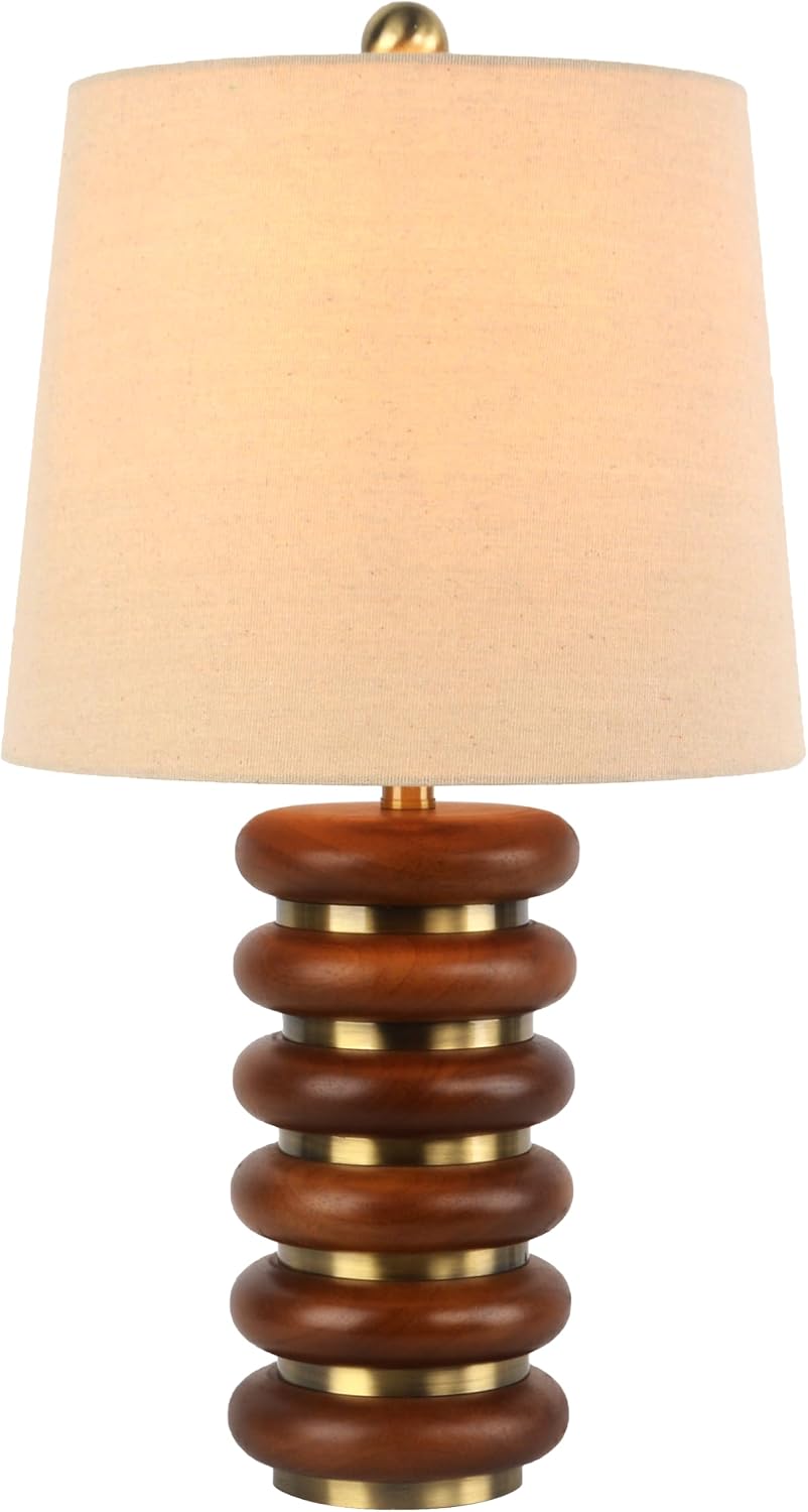 Abani Table Lamp Thalia Stacked Ring 21.5' – Mid-Century Modern Brown Wood Base with Wheat Linen Shade – E26 Bulb Included – Stylish Desk Lamp for Bedroom, Living Room, Dorm or Nightstand