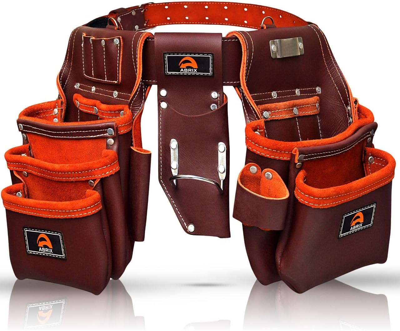 ABRIX Heavy Duty Tool Belt for Men – 4MM Thick Genuine Leather, Brass Buckle & Rivets | Foam Padded Comfort | 28-Pocket Carpenter & Framing Rig with Suspender | Work Belt Fit upto 32' to 52'