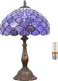 Tiffany Lamp Stained Glass Table Lamp Antique Bedside Reading Light W12H19 Inches (Purple Pearl)