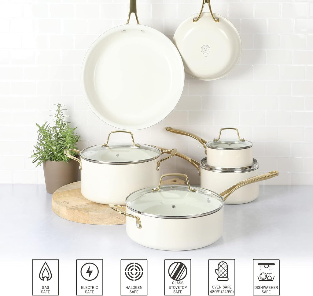 Martha Stewart Lockton Premium Non stick Non Toxic PFA Free Ceramic Interior 10 Piece Heavy Gauge Enamel Aluminum Pots and Pans Cookware Set - Linen White w/Gold Handle
