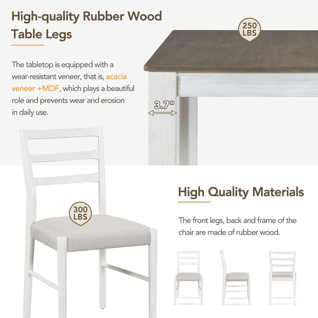 Farmhouse 7-Piece Kitchen Dining Table Set, Solid Wood Rectangle Extendable Table with 12' Leaf and 2 Drawers, 6 Dining Chairs with Soft Cushion, Dining Table Set for 6 Persons (Brown+White FR)