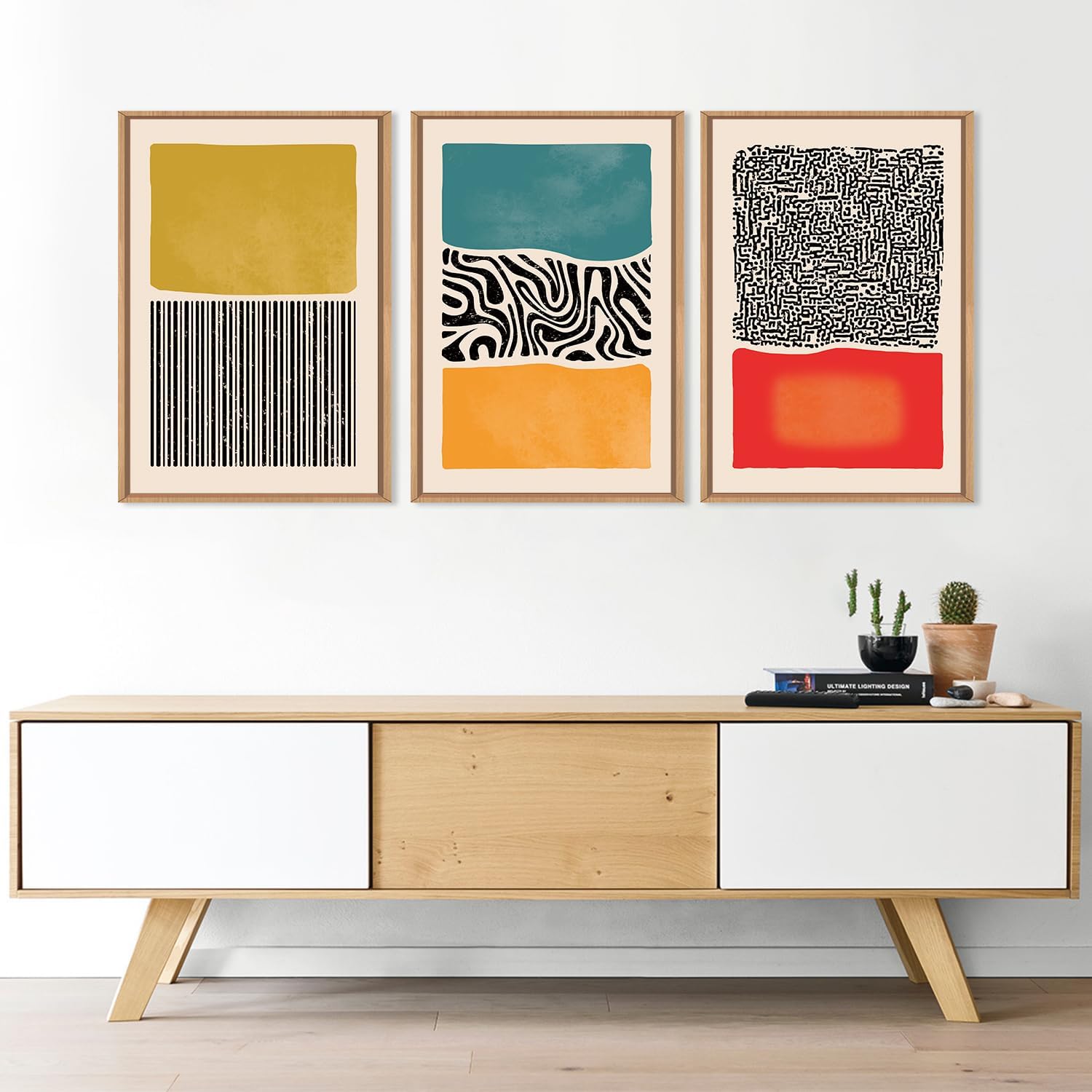 HLNIUC Large Mid Century Modern Wall Art Framed 24x36, Boho Abstract 3 Piece Canvas Decor, Mcm Vintage Bohemian Color Block Painting, Geometric Line Art Print for Living Room, Bedroom, Office