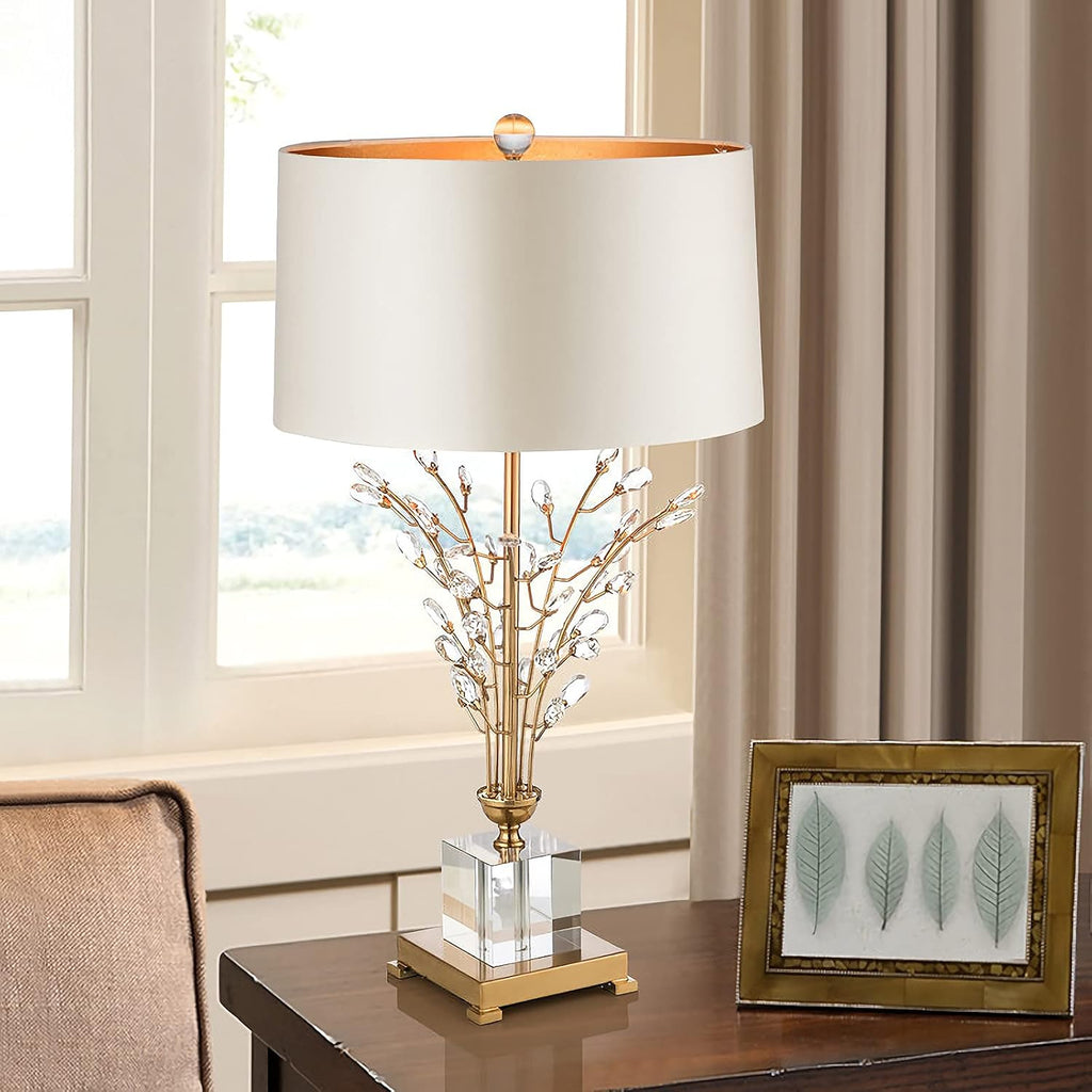 Glass Table Lamp Modern Bedside Lamp Decorative with Metal Base White Linen Fabric Lampshade Modern Bedside Lamp for Bedroom Living Room Elegant Nightstand Lamp Crystal Decoration for Office Desk