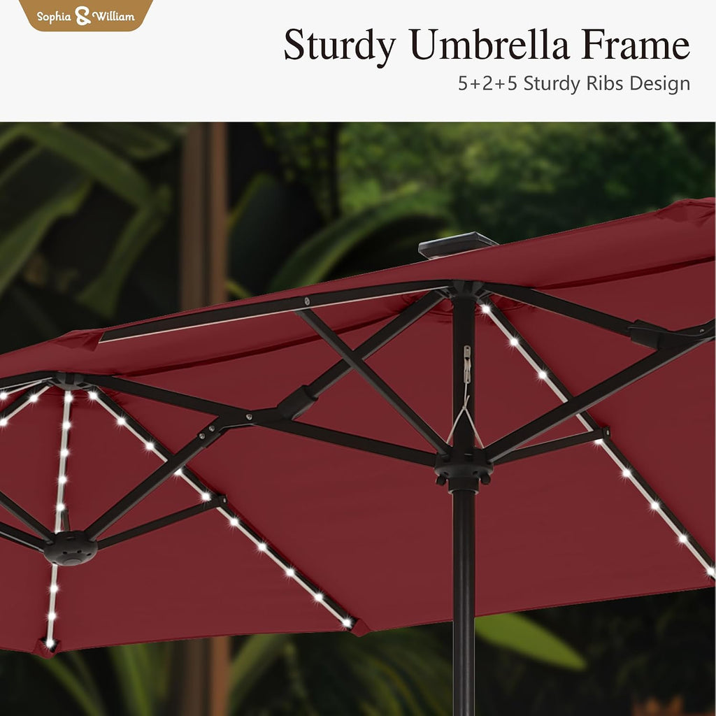 Sophia & William 13ft Outdoor Patio Umbrella with Solar Lights, Large Double-sided Umbrella with LED Lights, Perfect for Garden, Deck, Pool, Burgundy