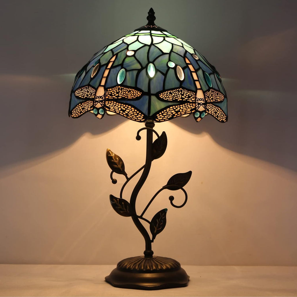 Tiffany Lamp Blue Dragonfly Style Stained Glass Table Lamp Desk Bedside Reading Light 12X12X19 Inches with Metal Leaf Base Decor Bedroom Living Room